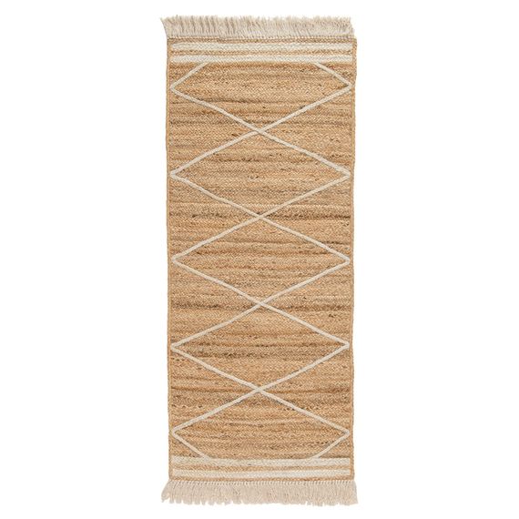 Ковер из джута бежевого цвета с геометрическим рисунком и с бахромой из коллекции Ethnic, 70х160 см, Tkano