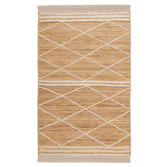 Ковер из джута бежевого цвета с геометрическим рисунком и с бахромой из коллекции Ethnic, 120x180 см, Tkano