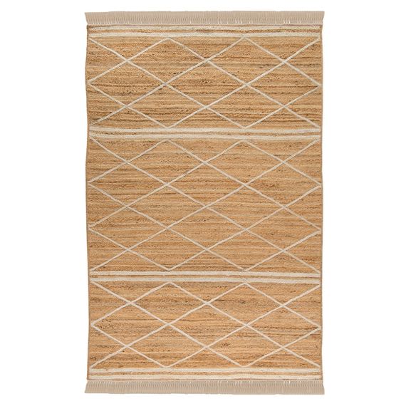 Ковер из джута бежевого цвета с геометрическим рисунком и с бахромой из коллекции Ethnic, 160x230 см, Tkano