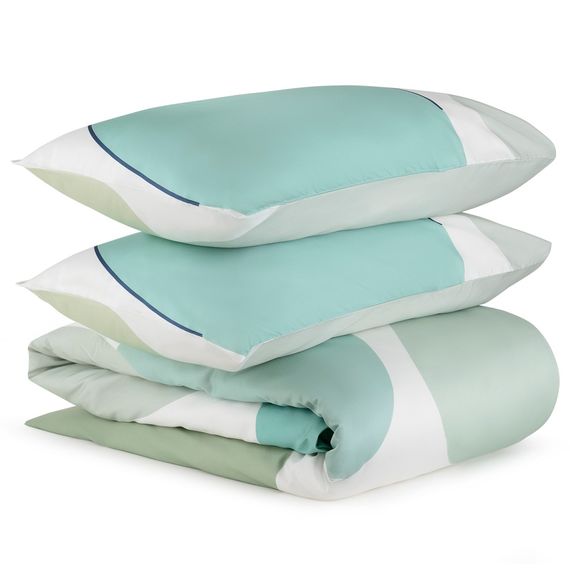 Комплект постельного белья полутораспальный из сатина мятного цвета с авторским принтом из коллекции Freak Fruit, Tkano