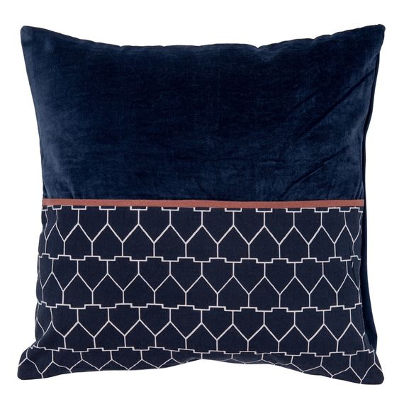 Чехол на подушку из хлопкового бархата с геометрическим принтом темно-синего цвета из коллекции Ethnic, 45х45 см, Tkano